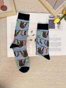 1pair Men Sloth Pattern Casual Crew Socks For Daily Life - Baby Blue - View 5