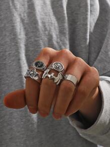 Men's 5pcs/Set Fashion Zinc Alloy Bat & Star Decor Ring For Daily Decoration, For Jewelry Gift And Party - Multicolor - View 1