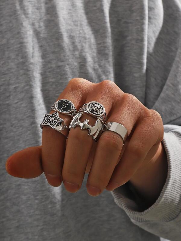 Men's 5pcs/Set Fashion Zinc Alloy Bat & Star Decor Ring For Daily Decoration, For Jewelry Gift And Party