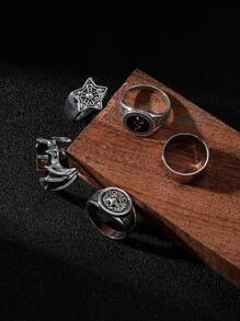 Men's 5pcs/Set Fashion Zinc Alloy Bat & Star Decor Ring For Daily Decoration, For Jewelry Gift And Party - Multicolor - View 3