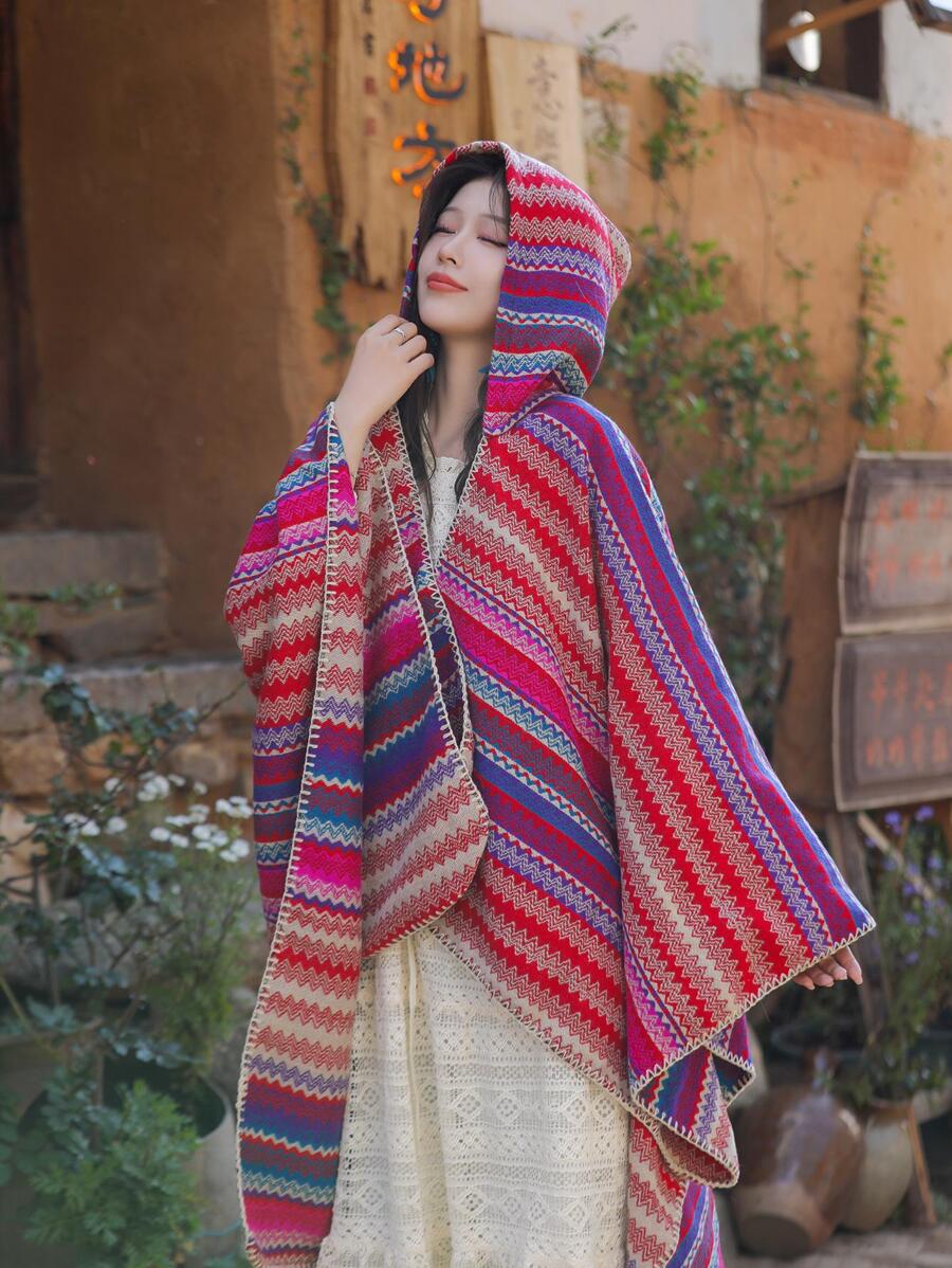Chevron Pattern Hooded Shawl | SHEIN USA