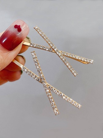 2个装女士金色水钻X形发夹，简约一体式刘海夹，个性化后颈发夹，返校季发饰，学习用品，派对造型