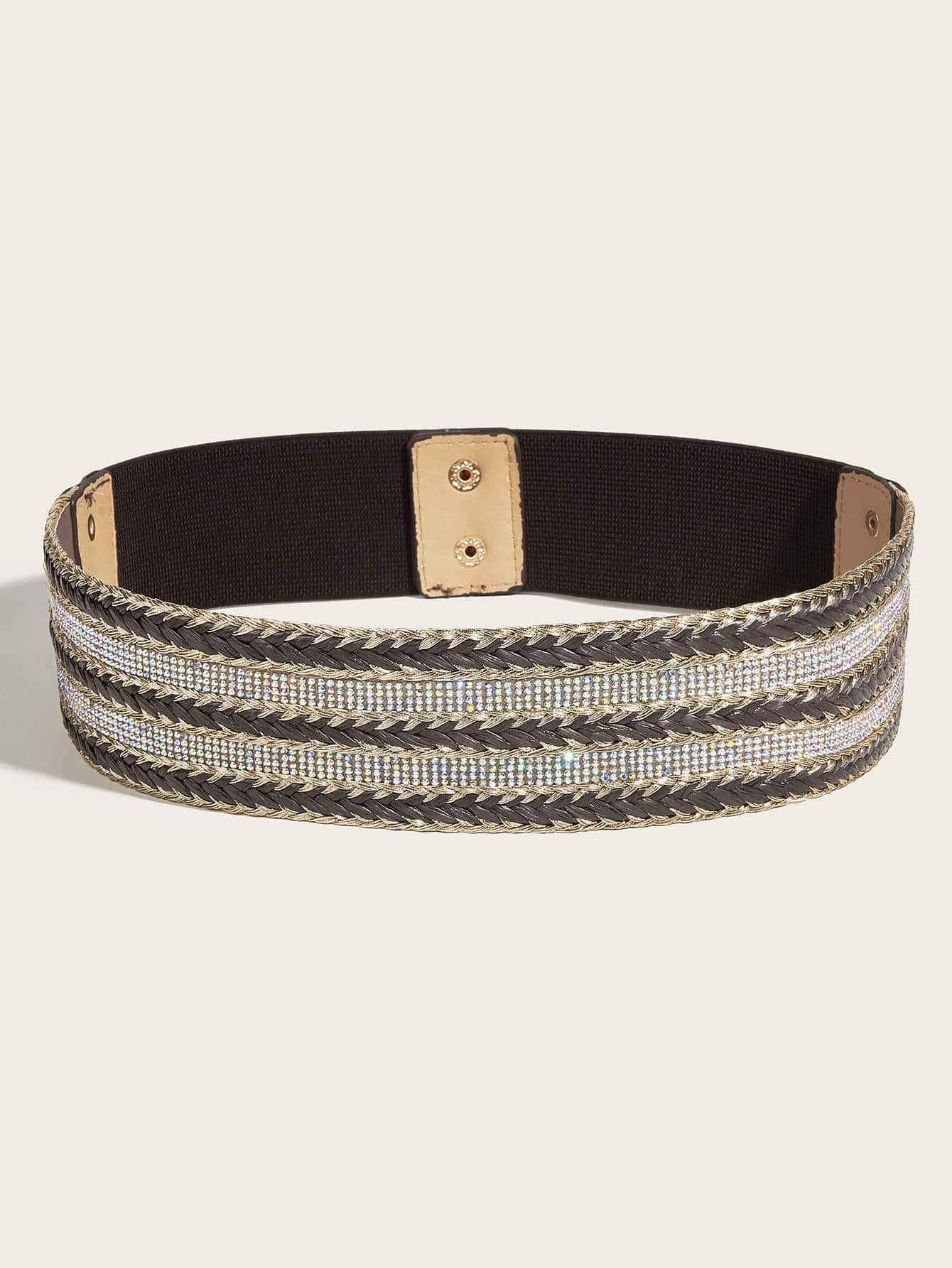 Rhinestone Decor Wide Belt - Coffee Brown - View 1