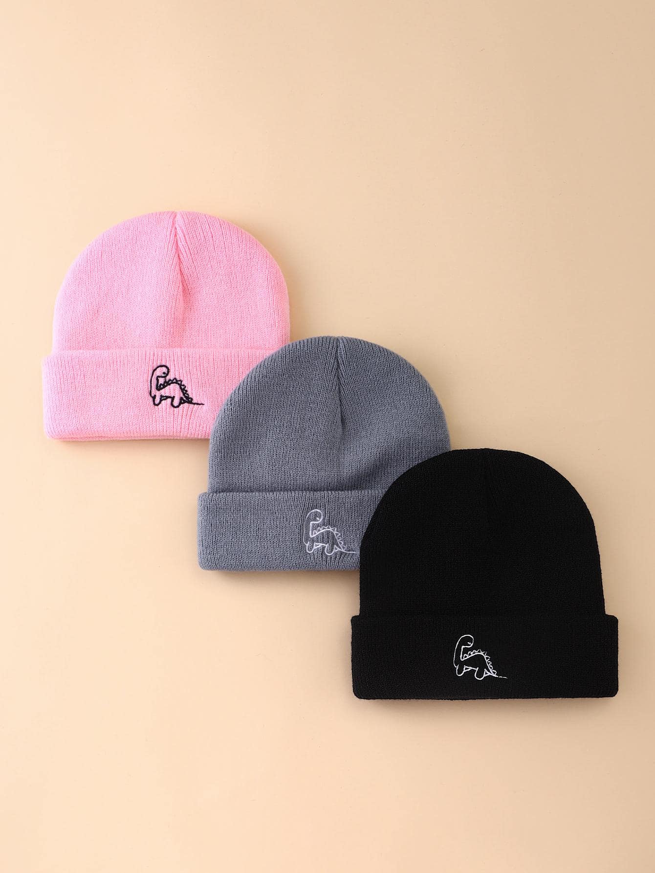 3pcs Bayi Dinosaurus Bordir Knit Beanie - MultiWarna - View 1