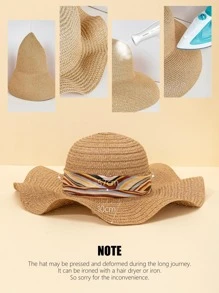 1頂卡其色波紋緞帶蝴蝶結女士遮陽帽，適合海灘度假，優雅防曬帽 - 卡其色 - 查看 5