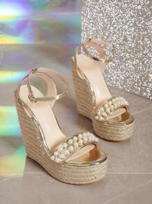 女款 T 型帶網面草編底平台楔型高跟涼鞋,2024夏季流行款,開放式設計防水平台高跟鞋,14公分楔型高跟涼鞋,帶水波紋空心設計 - 金色 - 查看 1
