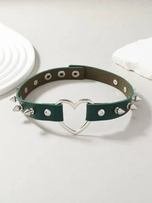 1入組時尚PU聚氨酯鉚釘裝飾心形扣環頸鏈適合女士日常裝飾 - 墨綠色 - 查看 2
