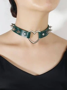 1入組時尚PU聚氨酯鉚釘裝飾心形扣環頸鏈適合女士日常裝飾 - 墨綠色 - 查看 1