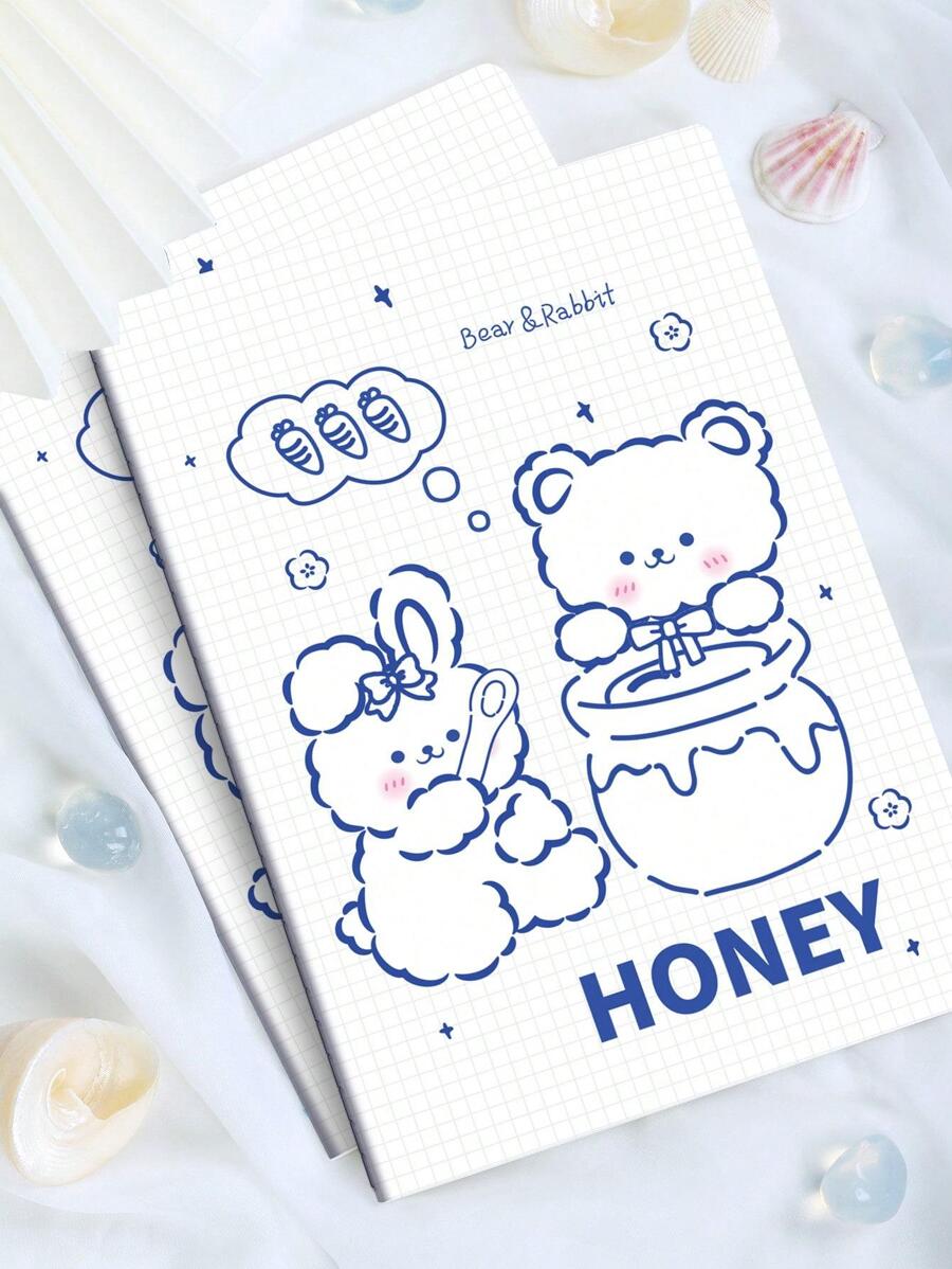 1 cuốn sổ tay in hình gấu hoạt hình - Xanh và trắng - Xem 1