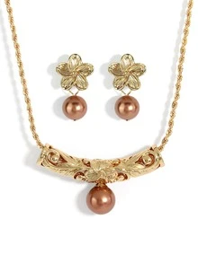 3 cái/bộ Bộ Trang Sức Trang Trí Hoa & Ngọc Trai Giả - màu nâu - Xem 4