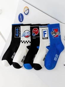 5雙裝男式格紋字母圖案透氣吸汗休閒水手襪適合日常生活 - 彩色 - 查看 2