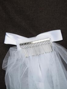 1 件白色双层薄纱面纱带蝴蝶结，适合女士婚礼派对秋季服装 - 白色 - 查看 5