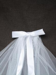 1 件白色双层薄纱面纱带蝴蝶结，适合女士婚礼派对秋季服装 - 白色 - 查看 3