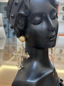 Pendientes largos con diamante de imitación decoración cruzada - Dorado - Ver 2