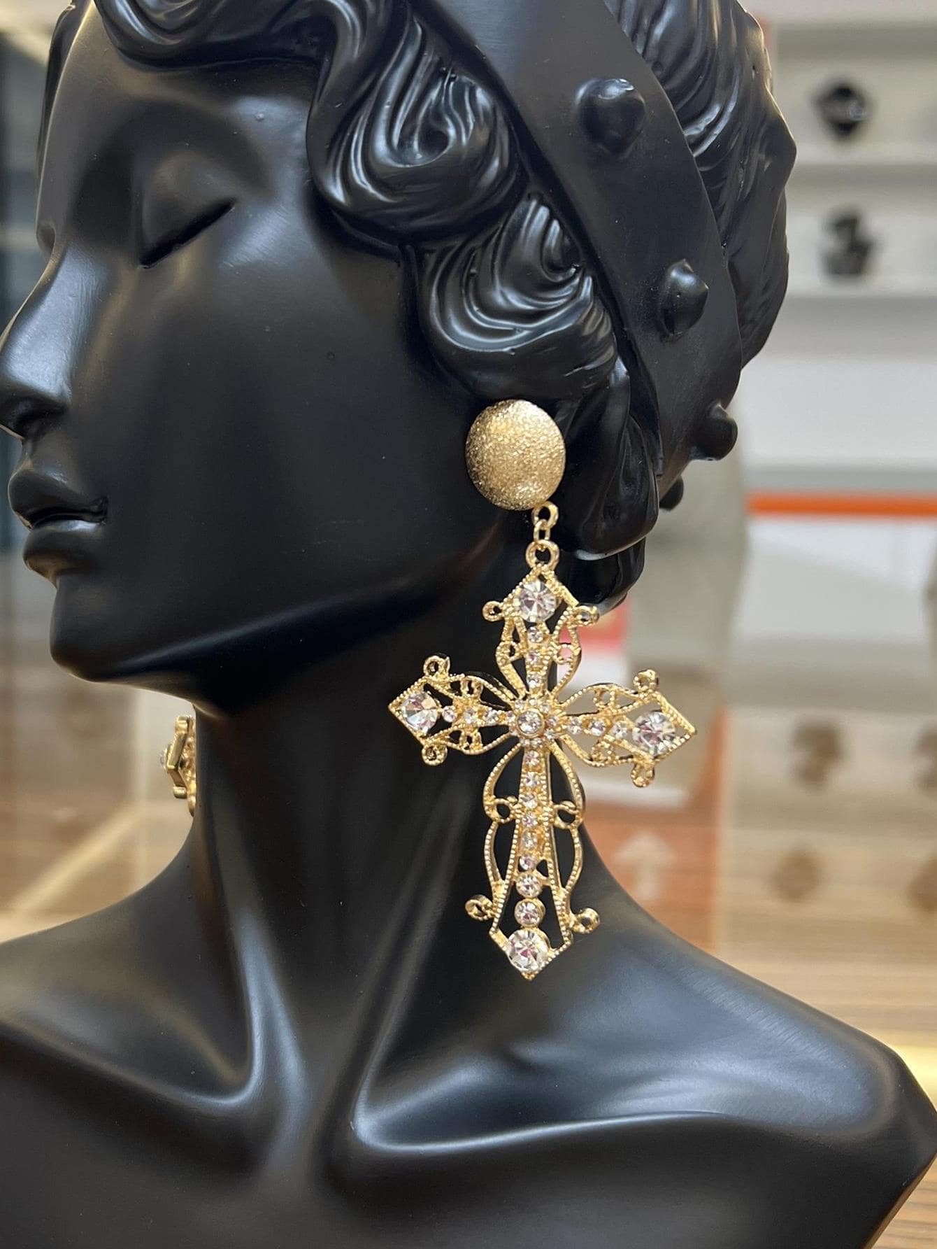 Pendientes largos con diamante de imitación decoración cruzada - Dorado - Ver 1