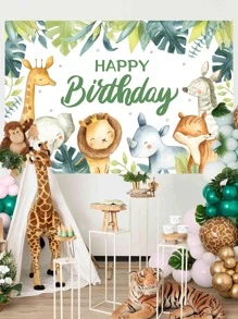 1入組滌綸派對背景可愛卡通長頸鹿和大象樣式拍照背景布適合派對 - 彩色 - 查看 3