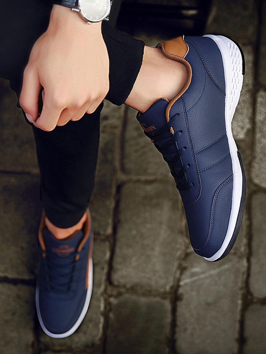Men Letter Graphic Lace-Up Front Sneakers, Suitable For Gym Sport Outdoor Fabric Running Shoes - Blue - View 1