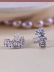 1對精美方晶鋯石裝飾夾式耳環適合女士日常裝飾 - 銀色 - 查看 5