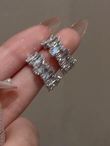 1對精美方晶鋯石裝飾夾式耳環適合女士日常裝飾 - 銀色 - 查看 4