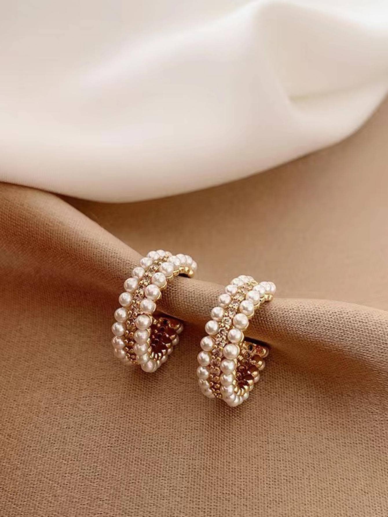 1pair Exquisite Zinc Alloy Rhinestone & Faux Pearl Decor Cuff Hoop Earrings For Women For Daily Decoration - Multicolor - View 1