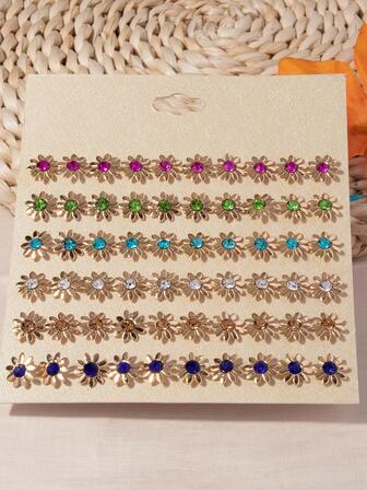 30對/套時尚鋅合金水鑽裝飾花朵設計耳釘適合女士適合情人節禮品