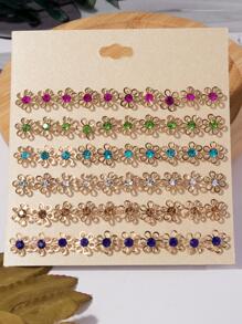 30對/套時尚鋅合金水鑽裝飾花朵設計耳釘適合女士日常裝飾 - 彩色 - 查看 1