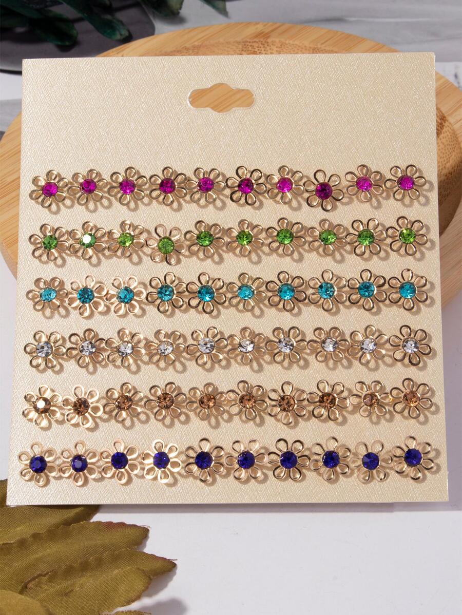 30對/套時尚鋅合金水鑽裝飾花朵設計耳釘適合女士日常裝飾 - 彩色 - 查看 1