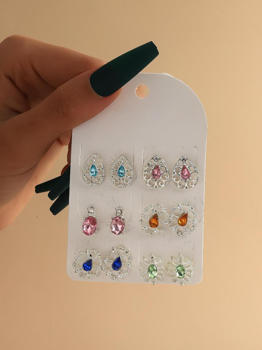 6對/套時尚鋅合金水鑽橢圓形和水滴耳釘適合女士日常裝飾 - 彩色 - 查看 1