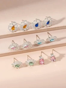 6對/套時尚鋅合金水鑽橢圓形和水滴耳釘適合女士日常裝飾 - 彩色 - 查看 2