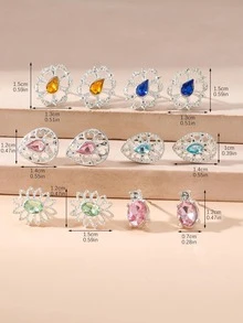 6對/套時尚鋅合金水鑽橢圓形和水滴耳釘適合女士日常裝飾 - 彩色 - 查看 5