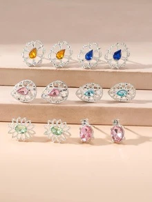 6對/套時尚鋅合金水鑽橢圓形和水滴耳釘適合女士日常裝飾 - 彩色 - 查看 3