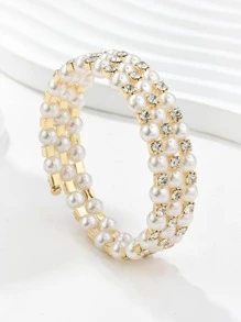 Thời trang Rhinestone & Faux Pearl Trang trí Vòng tay cho Phụ nữ Dự tiệc - Vàng - Xem 1
