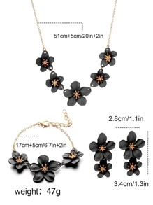 4入组/套時尚鋅合金花朵裝飾首飾套裝適合女士適合派對 - 黑色 - 查看 3