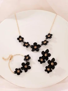 4入组/套時尚鋅合金花朵裝飾首飾套裝適合女士適合派對 - 黑色 - 查看 5