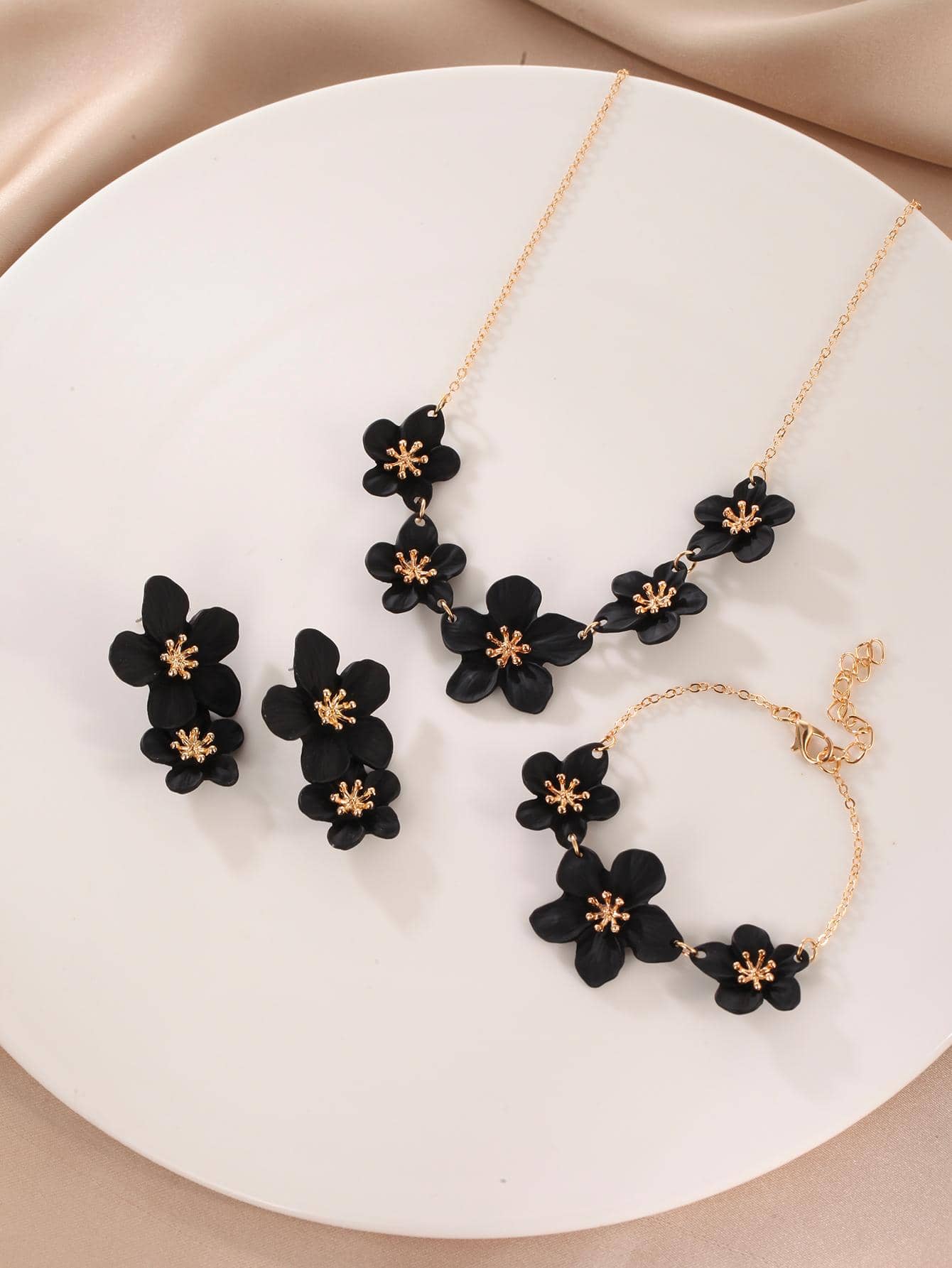4入组/套時尚鋅合金花朵裝飾首飾套裝適合女士適合派對 - 黑色 - 查看 1