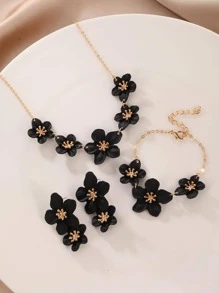 4入组/套時尚鋅合金花朵裝飾首飾套裝適合女士適合派對 - 黑色 - 查看 4