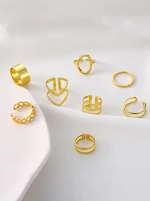 8入組/套時尚鋅合金鏈條設計開口戒指適合女士日常裝飾 - 金黃色 - 查看 3