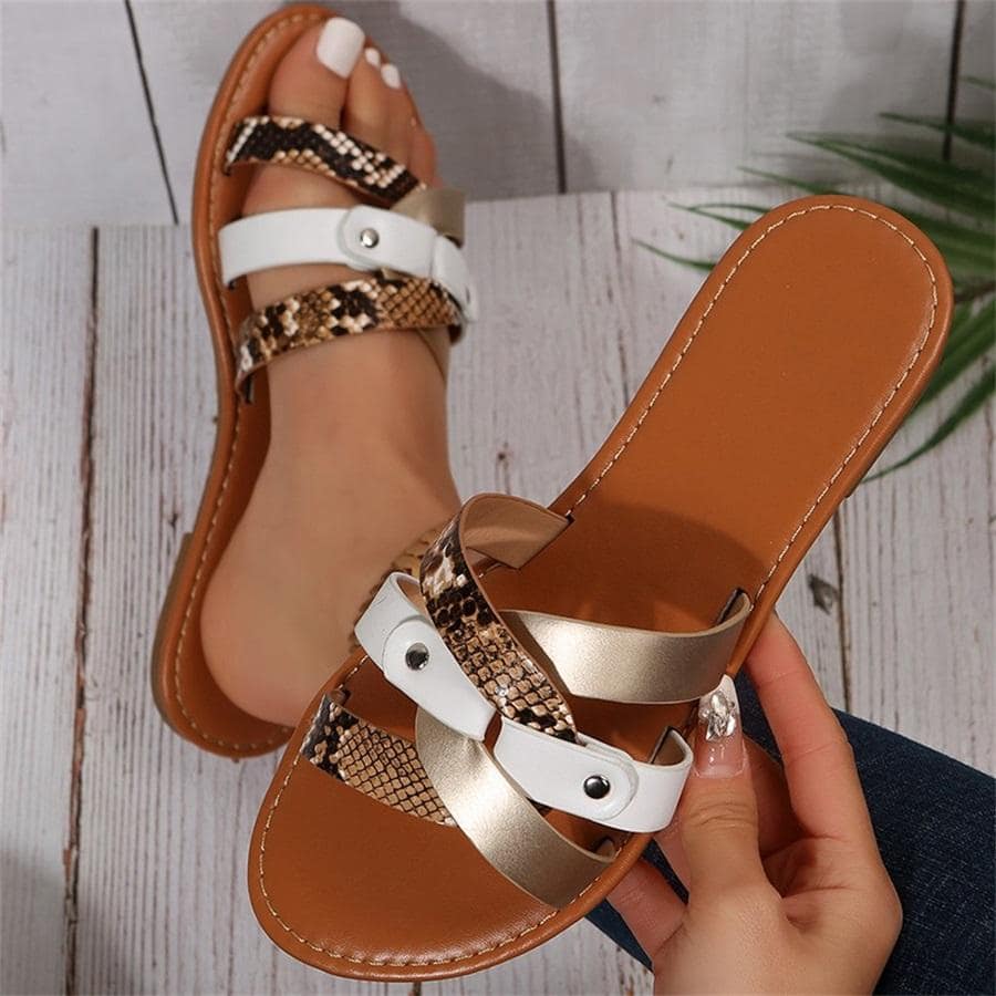 Sandale plate cu decor cu împânzire din piele de șarpe pentru femei, sandale cu diapozitive de vară la modă - Maro - Vizualizare 1