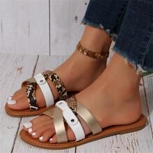 Sandale plate cu decor cu împânzire din piele de șarpe pentru femei, sandale cu diapozitive de vară la modă - Maro - Vizualizare 3