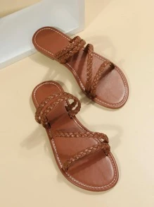 Dép xăng đan đế bằng có chi tiết dệt dành cho nữ, màu nâu, thích hợp cho kỳ nghỉ. - Rỉ Nâu - Xem 6