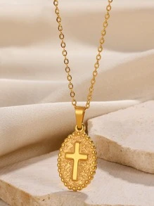 Thời Trang Chữ Thập Bằng Thép Không Gỉ Chi Tiết Vòng Cổ Hình Bầu Dục Cho Phụ Nữ Để Trang Trí Hàng Ngày - Vàng - Xem 1