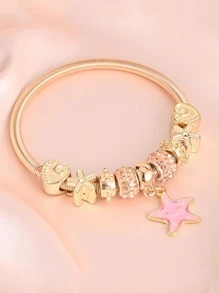 1入時尚粉色星星吊墜手鍊-女士金色合金手鍊,休閒珠寶和女孩禮物 - 彩色 - 查看 1