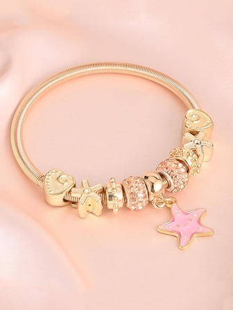 1入時尚粉色星星吊墜手鍊-女士金色合金手鍊,休閒珠寶和女孩禮物