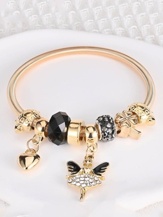 Rhinestone Decor Fairy & Heart Charm Bangle