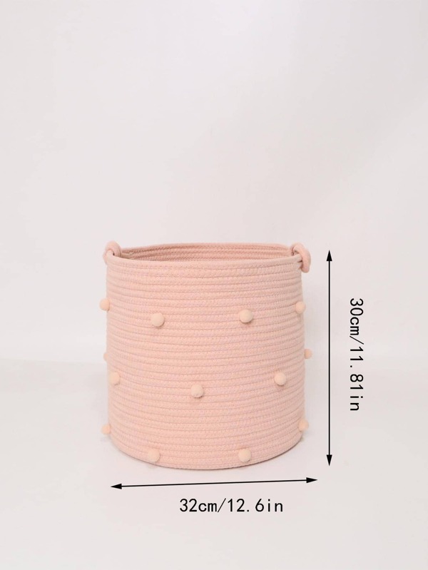 1pc Pom Pom Decor Storage Basket, Simple Pink Storage Basket For