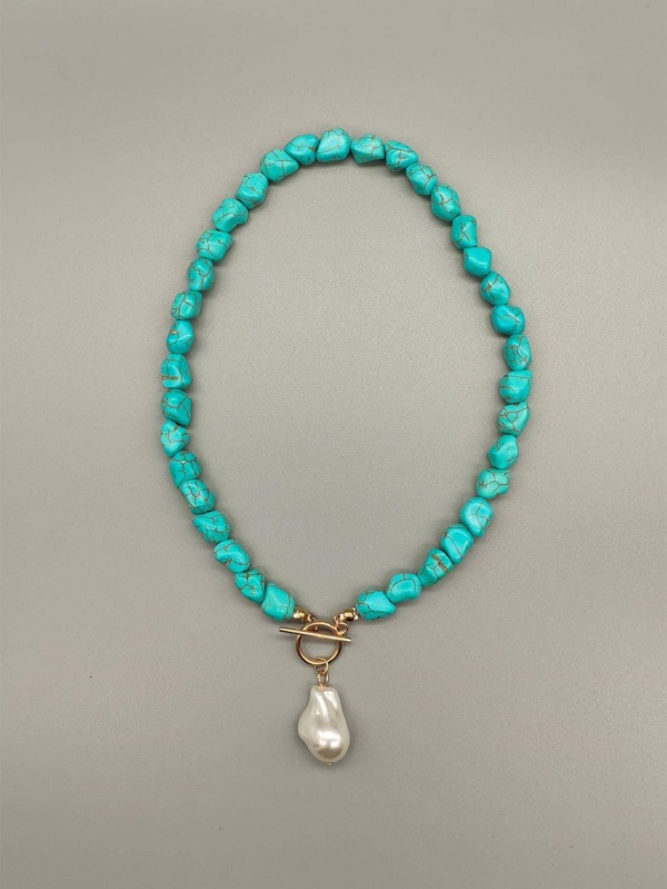 1 Pièce Collier De Perles De Fausses Perles À Boucle Ot Vintage Et Pendentif De Perles De Turquoise Pour Femmes Comme Cadeau