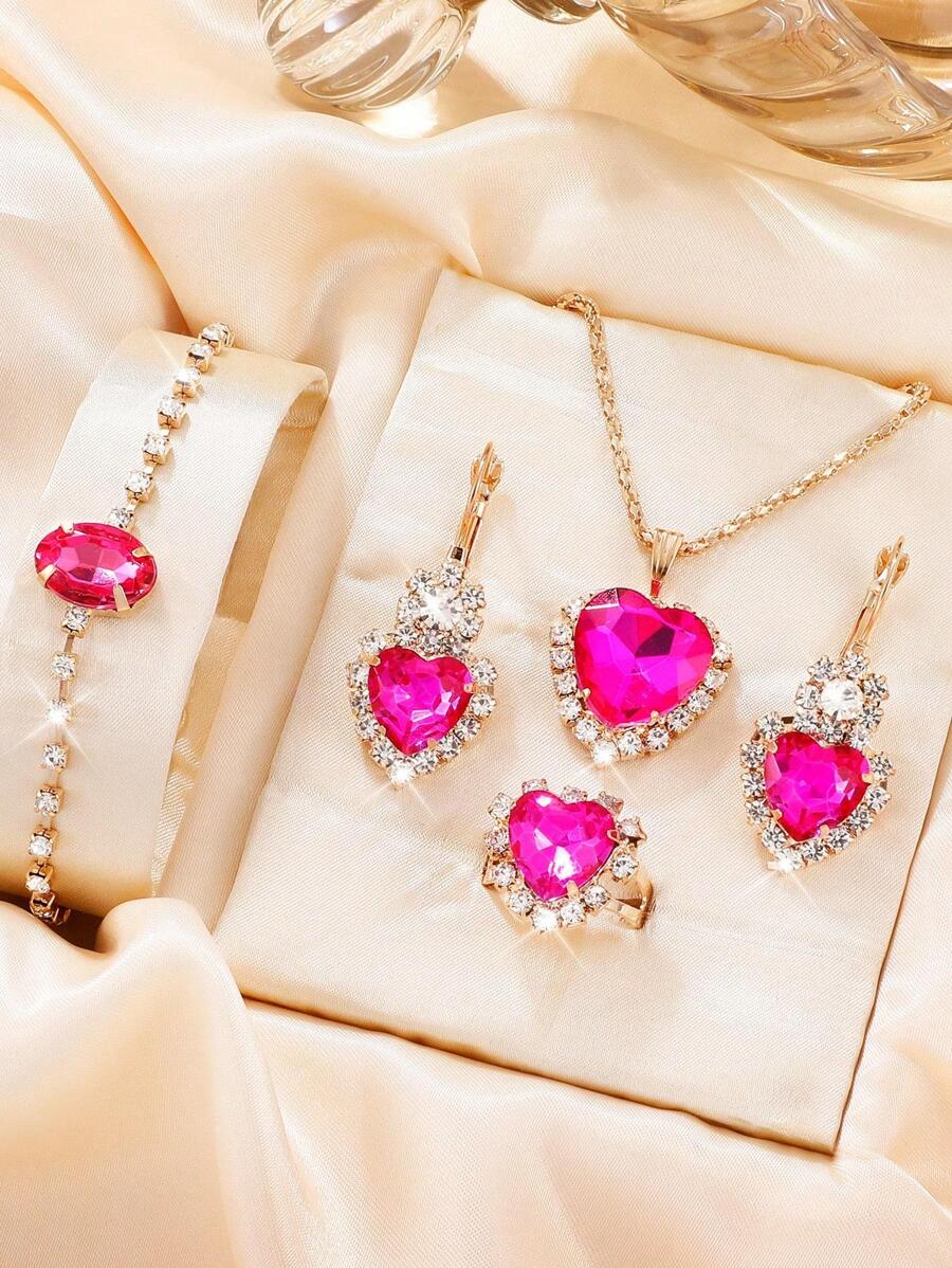 5pcs/Set Glamorous Rhinestone Heart Decor Jewelry Set For Women For Gift Valentines,Mom,Mother,Mother's Day,Gift - Hot Pink - View 1
