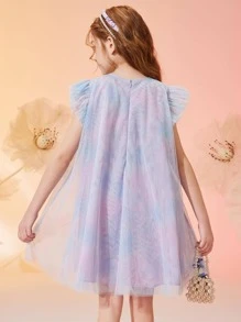 Tween Girl Ruffle Trim Tie Dye Mesh Dress - Multicolor - View 3