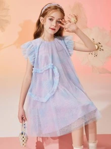 Tween Girl Ruffle Trim Tie Dye Mesh Dress - Multicolor - View 1