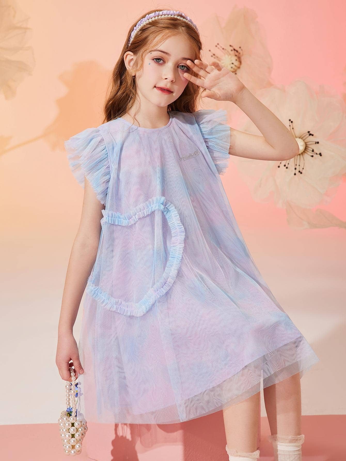 Tween Girl Ruffle Trim Tie Dye Mesh Dress - Multicolor - View 1